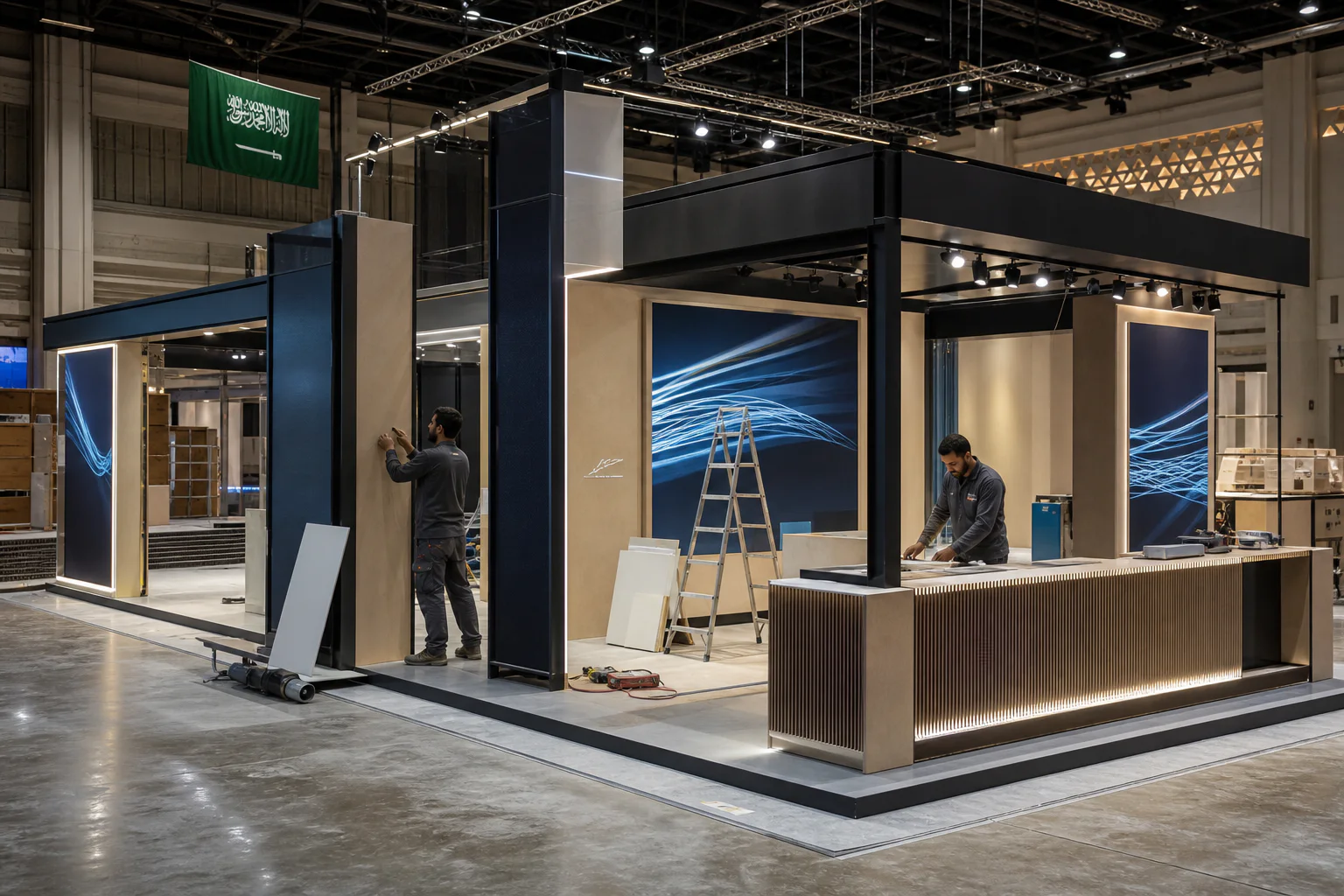 Two male technicians executing a professional exhibition booth in Riyadh