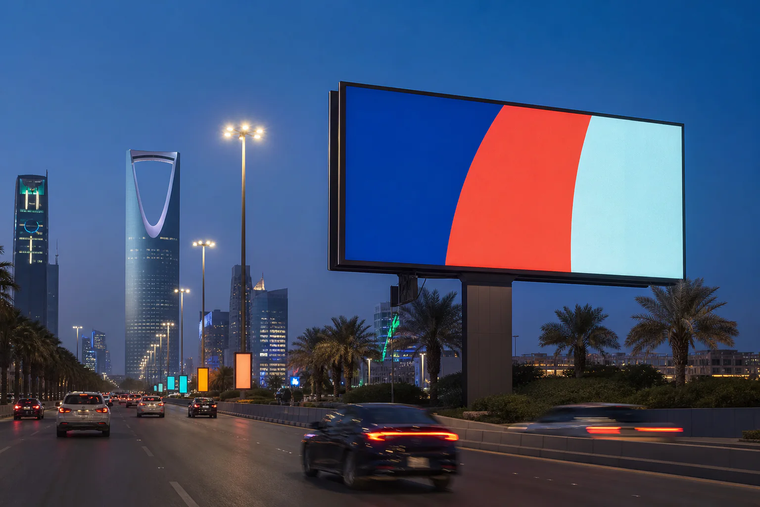 An outdoor advertising screen beside a major road in Riyadh