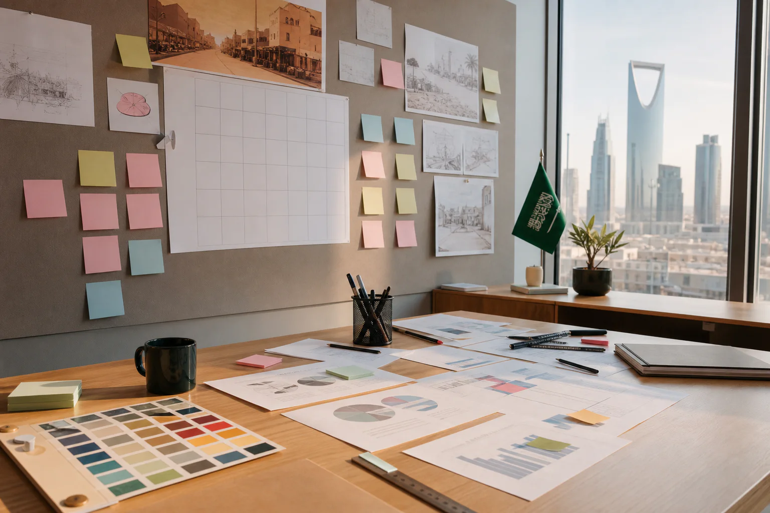An advertising campaign planning workspace overlooking Riyadh