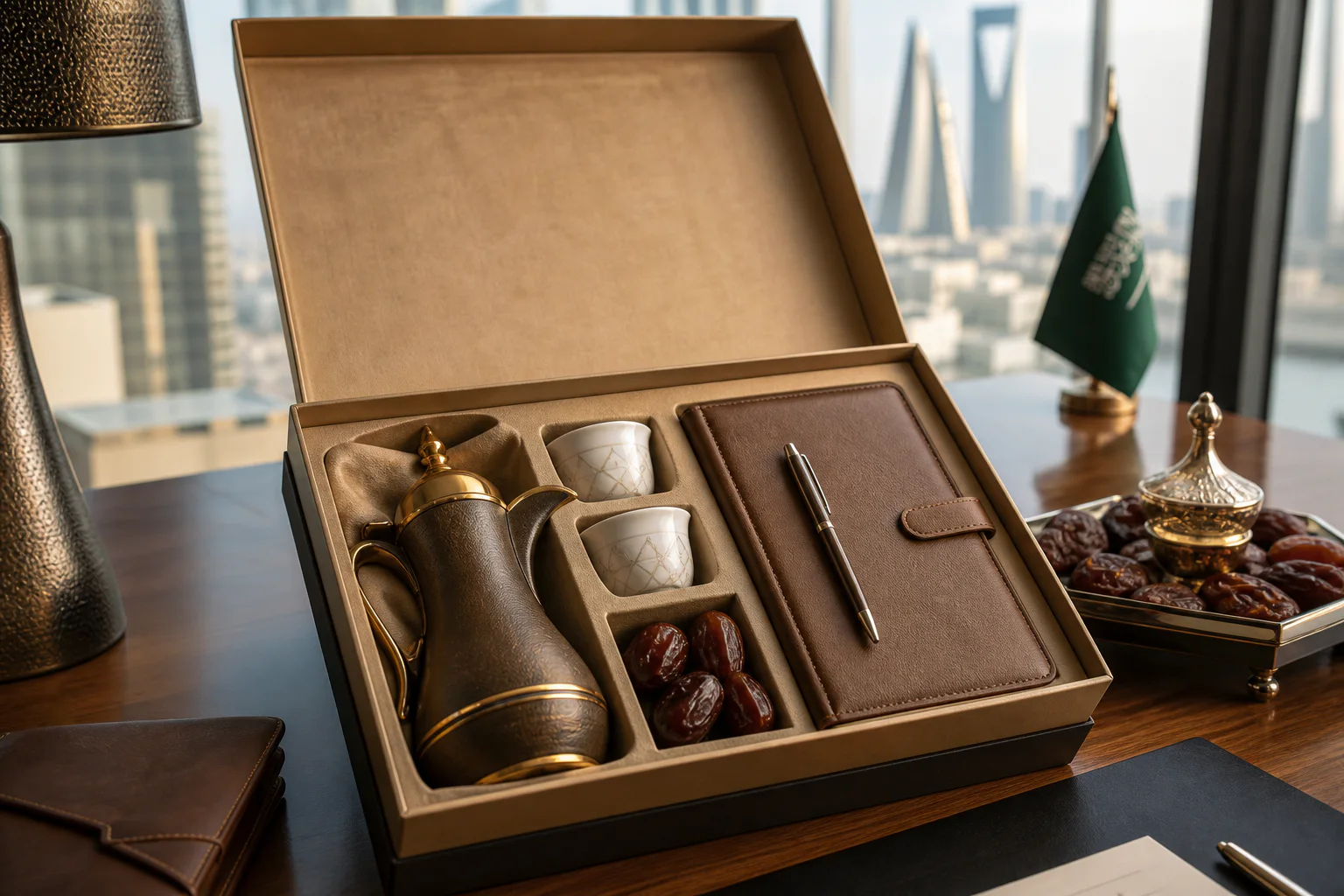 A Saudi corporate gift box with a dallah, cups, notebook, pen, and dates