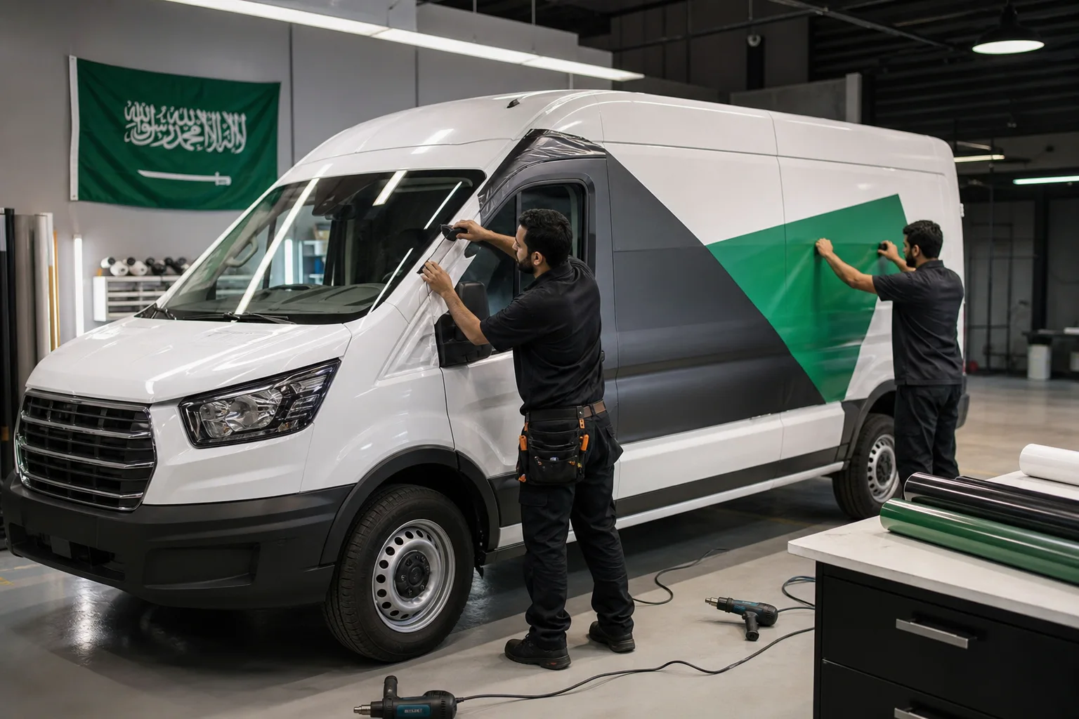 Two male technicians applying an advertising wrap inside a Saudi workshop